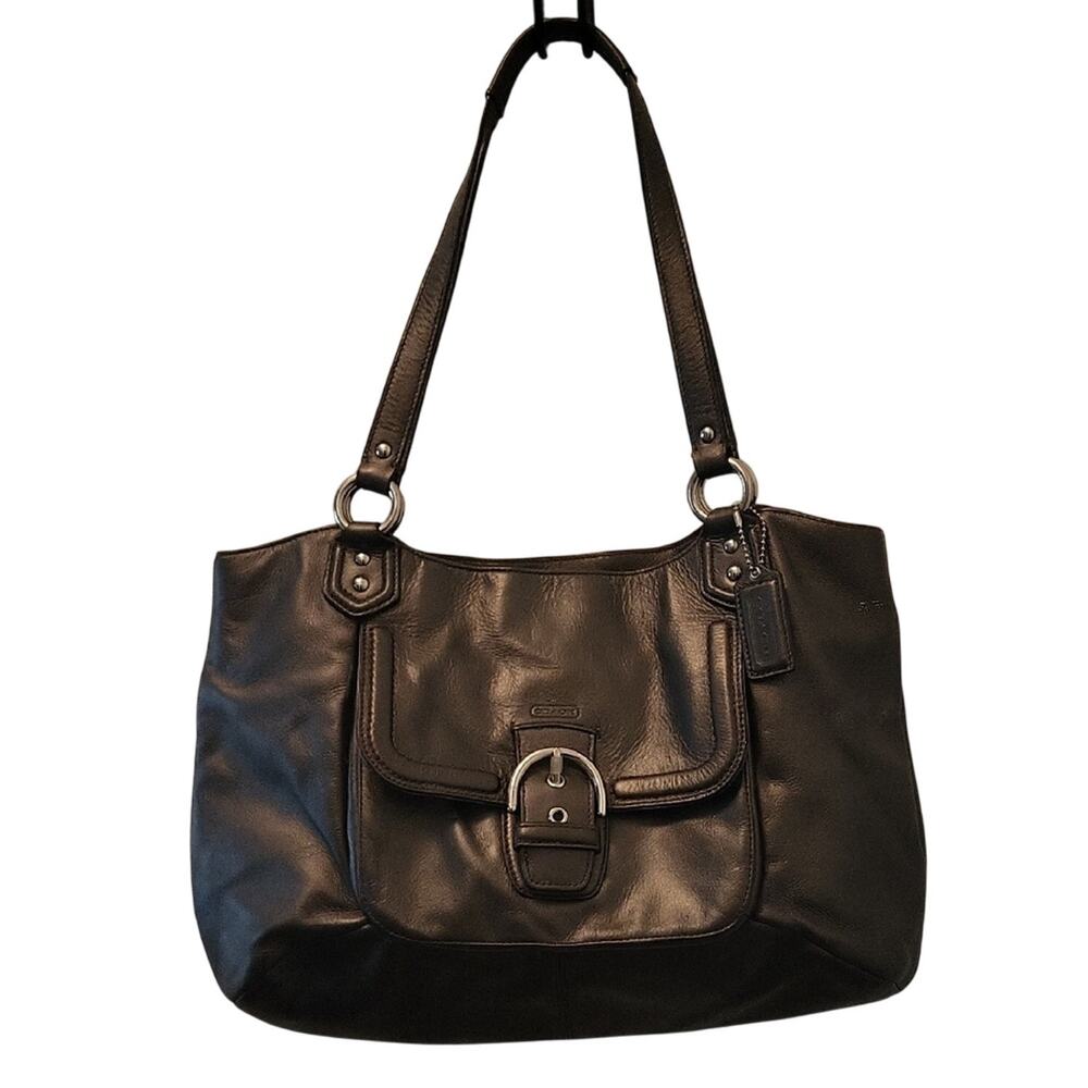 Coach Platinum Gray Leather Shoulder Bag Purse Tote with Buckle F24961